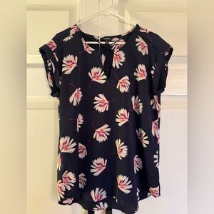 Express Silk Blue Flower Print Keyhole Detail Women’s Blouse